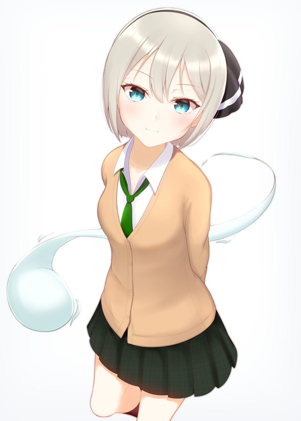 1girl, alternate_costume, aqua_eyes, arm_behind_back, black_hairband, black_skirt, black_socks, brown_sweater