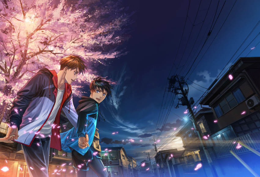 2boys, black_hair, black_pants, brown_hair, building, cherry_blossoms, haiji_kiyose, holding_hands
