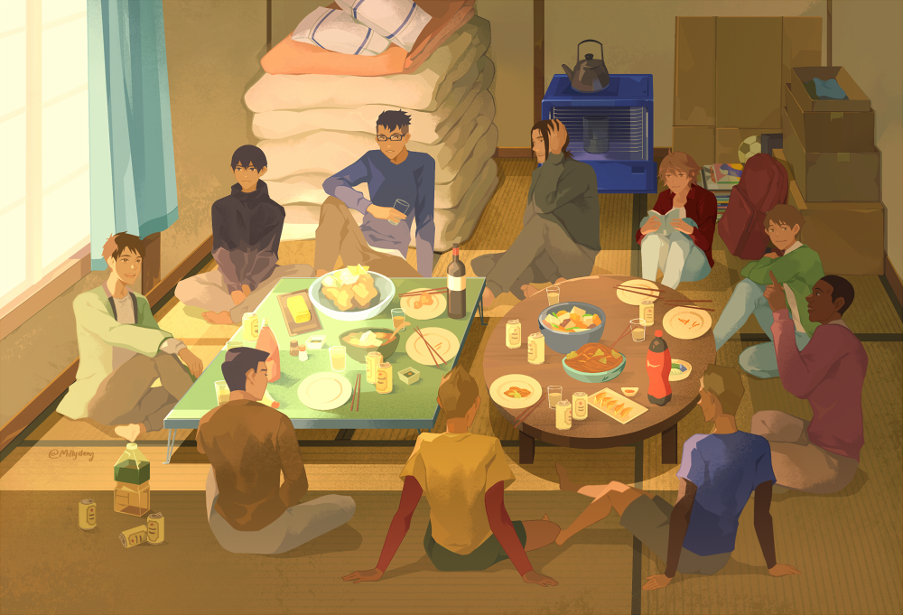 6+boys, akahiro_hirata, backpack, bag, ball, bedroll, black_hair, blue_shirt