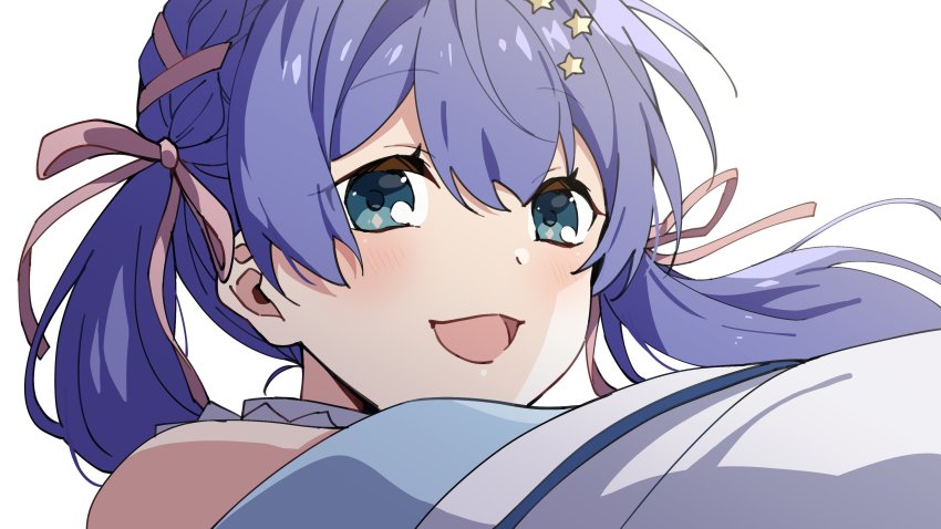 1girl, absurdres, blue_eyes, blue_hair, blush, floating_hair, hair_behind_ear, hair_ornament