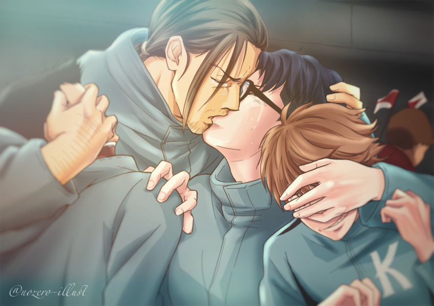 5boys, arm_hair, black_hair, blue_jacket, blurry, blurry_background, brown_hair, crying, facial_hair, flag, glasses, hand_over_another's_eyes, hand_up, highres, jacket, kashiwazaki_akane, kaze_ga_tsuyoku_fuiteiru, kiss, multiple_boys, nozero-illust, sakaguchi_youhei, stubble, tasaki_genichirou, tears, twitter_username, upper_body, yaoi, yukihiro_iwakura