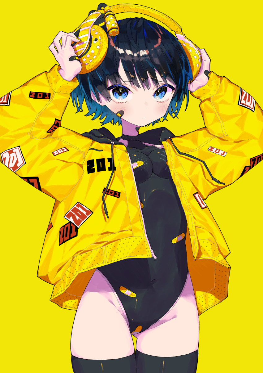 1girl, absurdres, arms_up, bandaid, bandaid_on_cheek, bandaid_on_face, black_hair, black_leotard, black_thighhighs, blue_eyes, blush, cowboy_shot, headphones, highres, hood, hood_down, jacket, leotard, long_sleeves, looking_at_viewer, muzinneki, original, shadow, short_hair, simple_background, solo, thighhighs, yellow_background, yellow_jacket