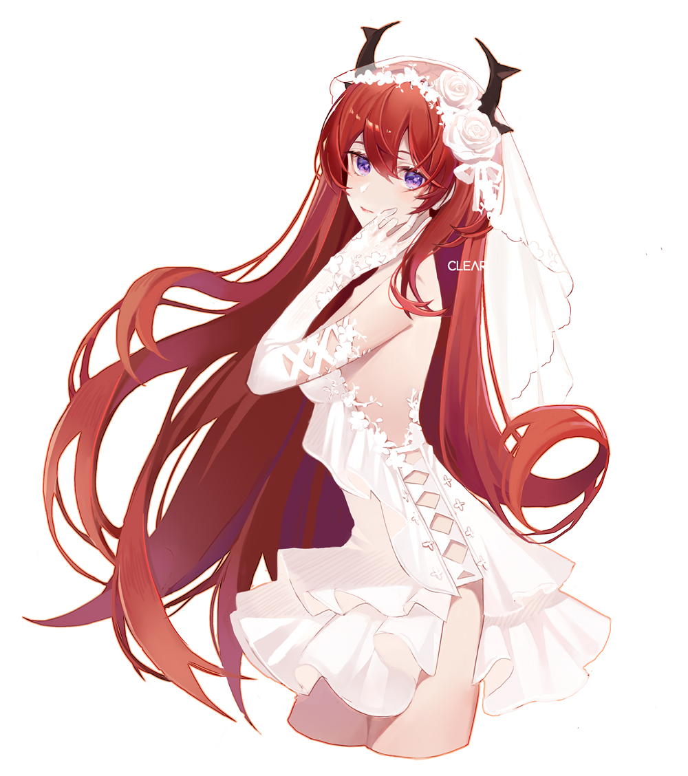 alternate_costume, arknights, bridal_veil, clear_regulus, cropped_legs, dress, from_side, horns