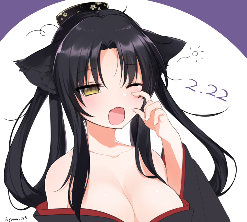 1girl, :3, absurdres, animal_ears, bare_shoulders, black_hair, breasts, cat_day
