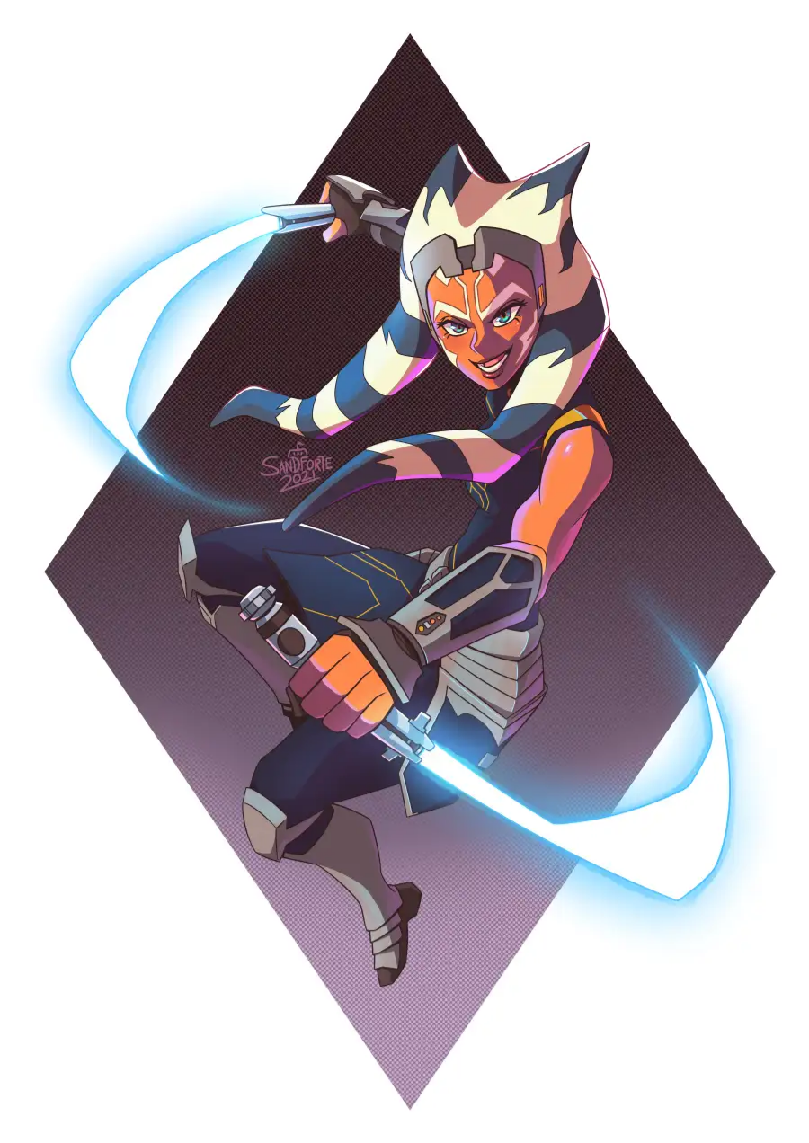 1girl, ahsoka_tano, alien, blue_eyes, blue_hair, boots, bracer, colored_skin, energy_sword, facial_mark, facial_tattoo, fingerless_gloves, gloves, highres, holding, holding_weapon, jedi, knee_pads, lightsaber, loincloth, multicolored_hair, orange_skin, pants, reverse_grip, sandforte, star_wars, star_wars:_the_clone_wars_(2008_tv_series), sword, tattoo, togruta, two-tone_hair, weapon
