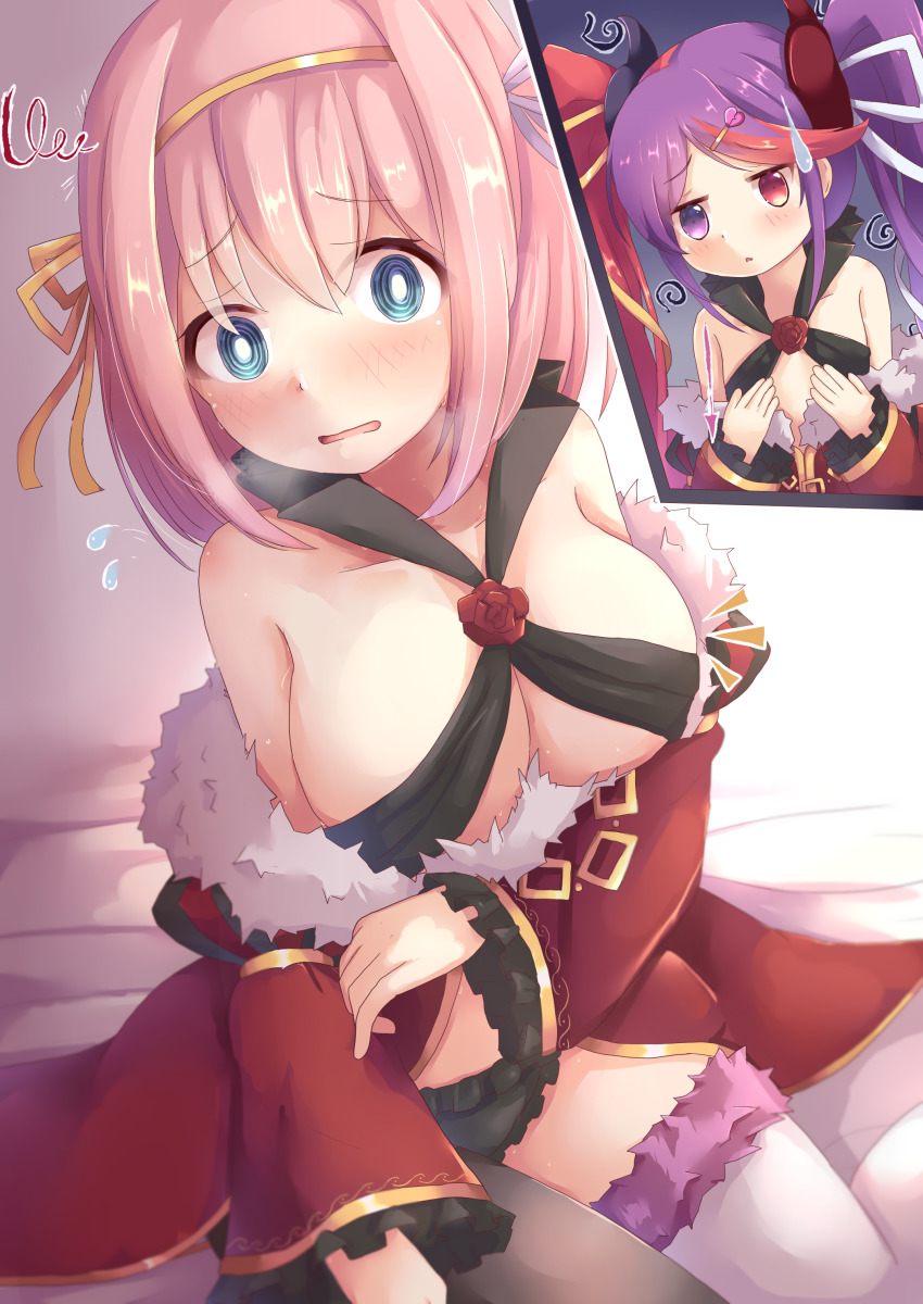 2girls, absurdres, alternate_costume, aqua_eyes, asymmetrical_legwear, bed_sheet, blush, bow, breasts, broken_heart, cleavage, coat, collarbone, cosplay, embarrassed, flat_chest, flying_sweatdrops, fur-trimmed_coat, fur_trim, hair_between_eyes, hair_bow, hair_ribbon, hairband, hands_on_own_chest, heart, heterochromia, highres, large_breasts, long_hair, looking_at_viewer, misaki_(princess_connect!), misaki_(princess_connect!)_(cosplay), mismatched_legwear, multicolored_hair, multiple_girls, nyxerebos, off-shoulder_coat, off_shoulder, pink_hair, princess_connect!, purple_hair, ribbon, short_hair, sidelocks, sitting, streaked_hair, sweatdrop, twintails, two-tone_hair, wariza, yui_(princess_connect!)