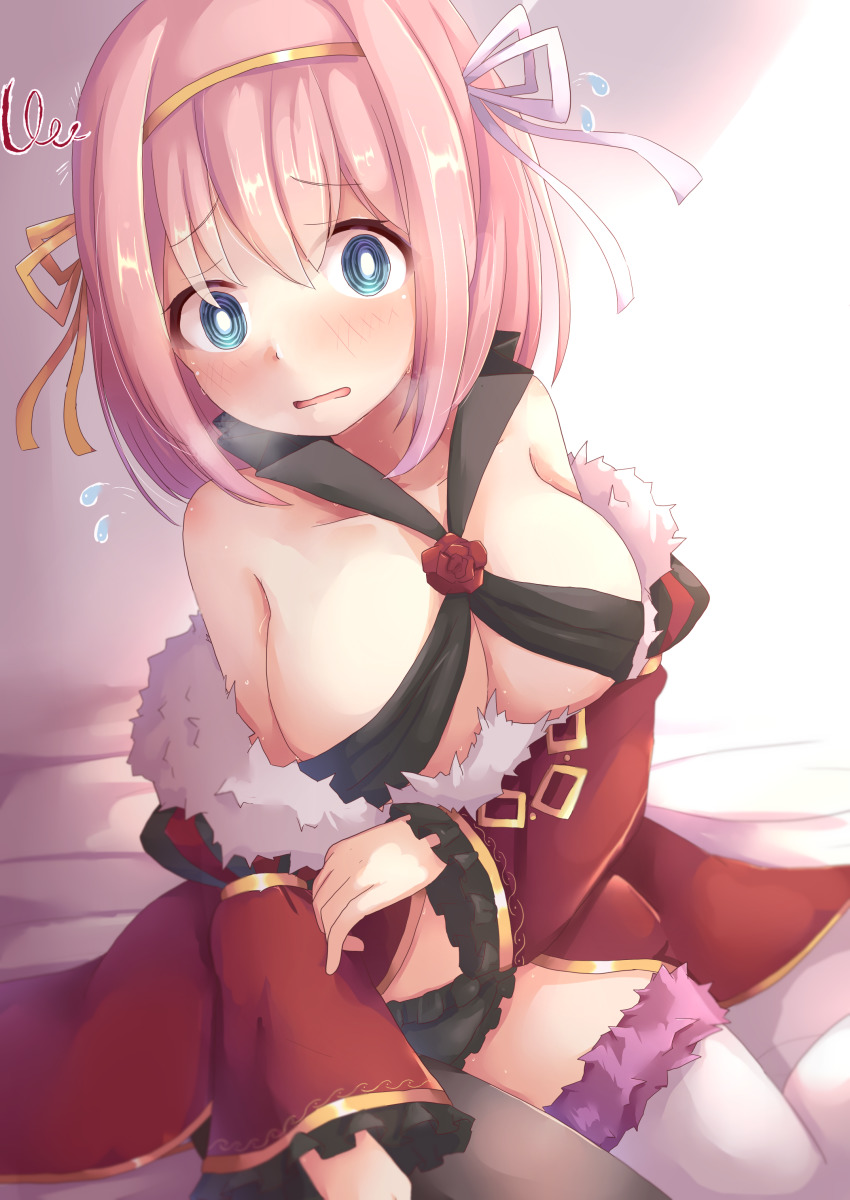 1girl, absurdres, alternate_costume, aqua_eyes, asymmetrical_legwear, bare_shoulders, bed_sheet, blush, breasts, cleavage, coat, collarbone, commentary_request, cosplay, embarrassed, eyes_visible_through_hair, flying_sweatdrops, fur-trimmed_coat, fur_trim, hairband, highres, large_breasts, looking_at_viewer, misaki_(princess_connect!), misaki_(princess_connect!)_(cosplay), mismatched_legwear, nyxerebos, off_shoulder, pink_hair, princess_connect!, short_hair, sidelocks, sitting, solo, wariza, yui_(princess_connect!)