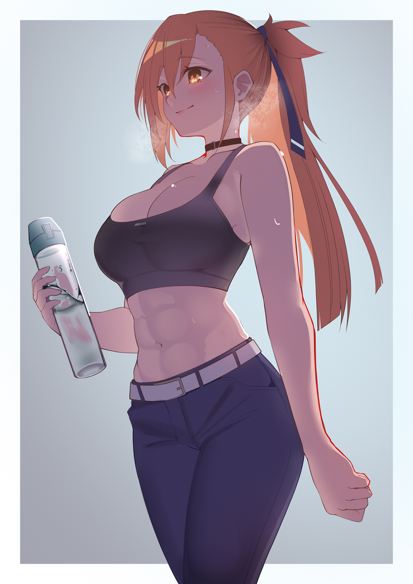 1girl, abs, belt, black_choker, blue_ribbon, blush, breasts, choker