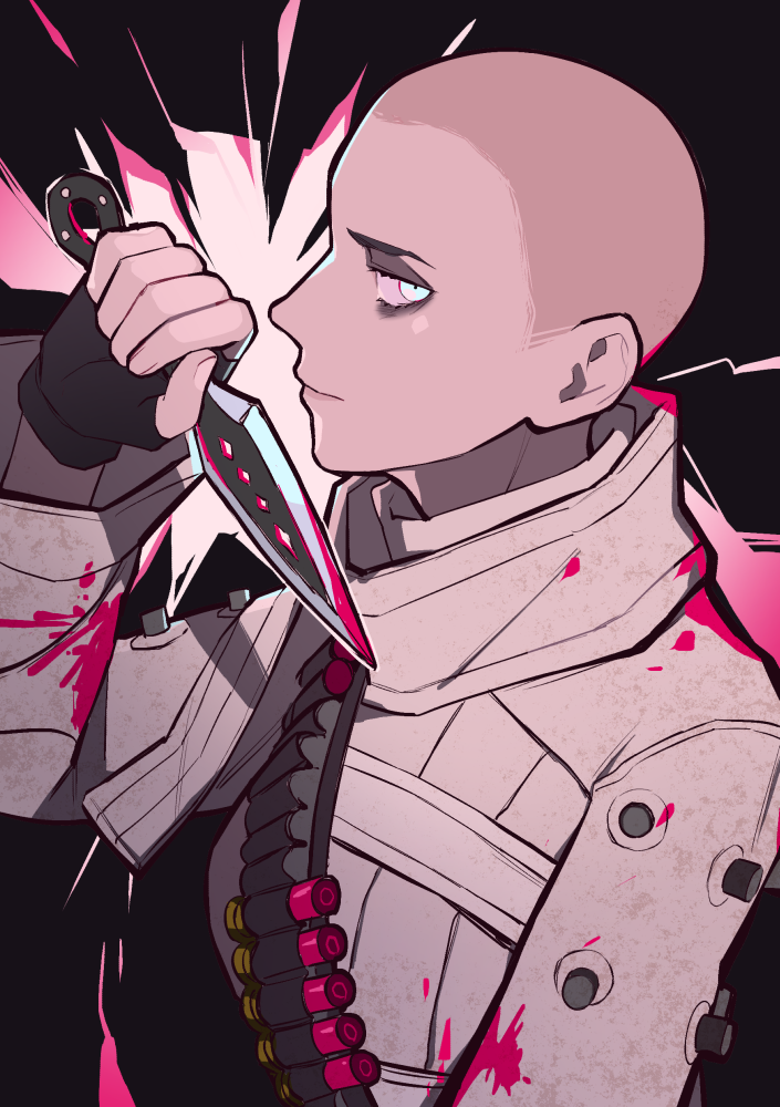 1girl, akagi_(redsiland), ammunition_belt, animification, apex_legends, bald, bald_female, bandolier