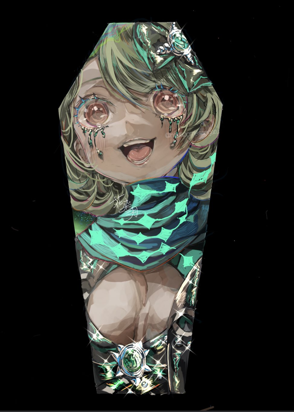 1girl, bad_id, bad_twitter_id, black_background, bow, breasts, buckle, cleavage