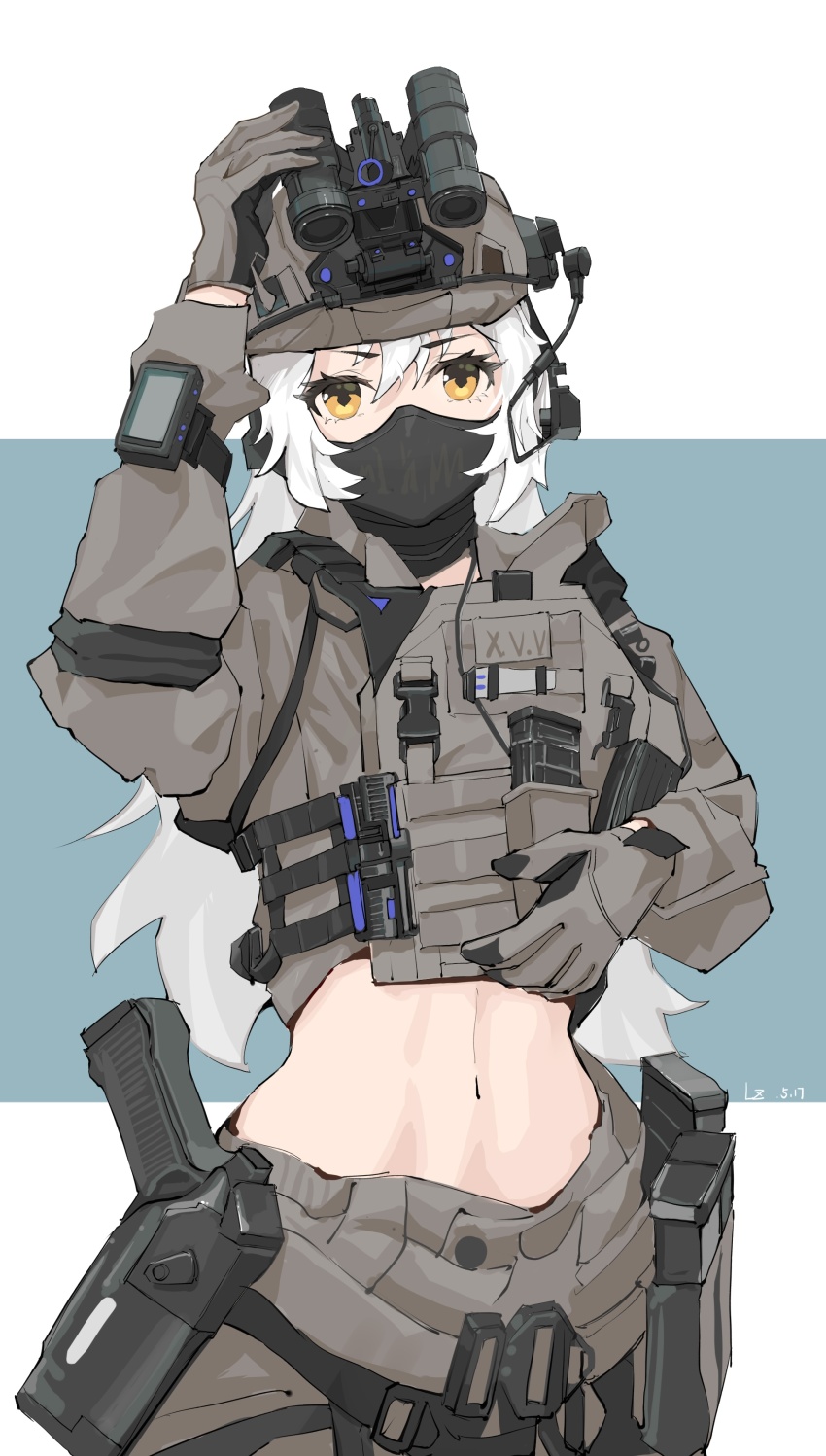 1girl, absurdres, ammunition_belt, ammunition_pouch, blue_background, combat_helmet, cosdestiny, fast_helmet