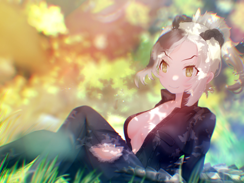 1girl, arm_support, asymmetrical_hair, blurry, blurry_background, braid, breasts, closed_mouth