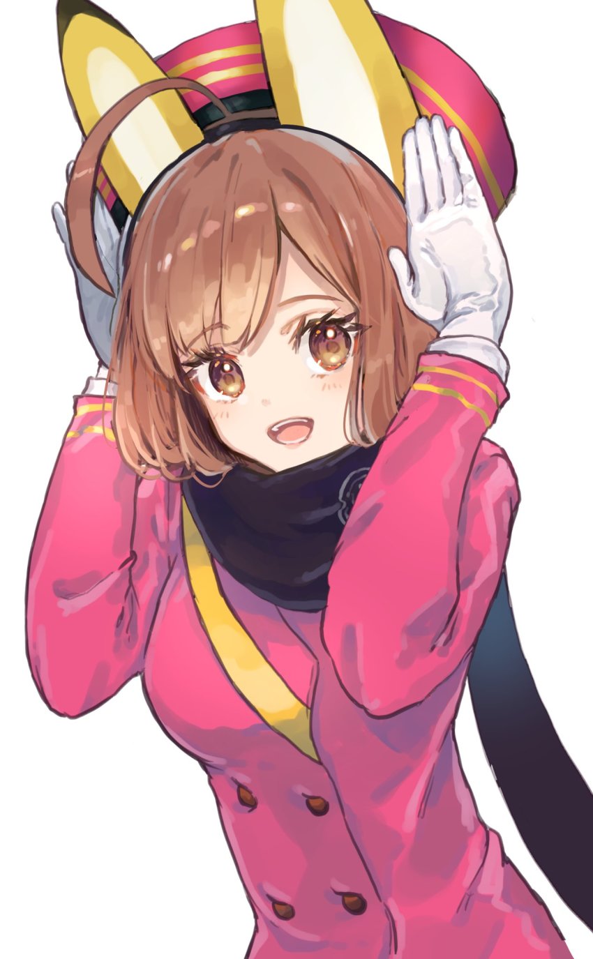 1girl, ahoge, animal_ears, biei_nanako, black_scarf, blush, breasts, brown_eyes, brown_hair, fake_animal_ears, gawako, gloves, highres, jacket, medium_breasts, meme, open_mouth, pink_jacket, rabbit_ears, rabbit_pose, sakura_kakumei, sakura_taisen, scarf, smile, upper_body, white_background, white_gloves