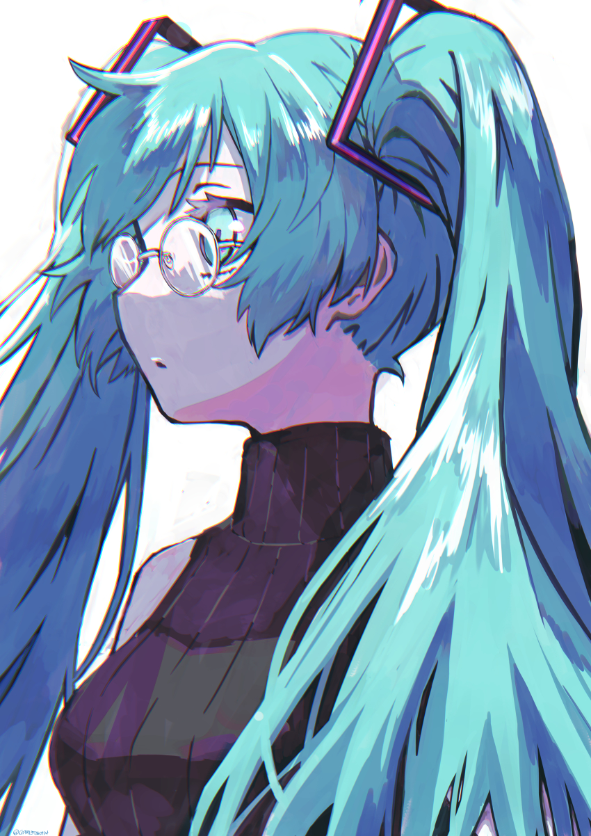 1girl, absurdres, aqua_eyes, aqua_hair, bare_shoulders, bespectacled, black_sweater, commentary