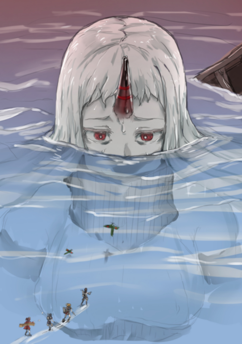 5girls, abyssal_ship, aircraft, breasts, character_request, colored_skin, detached_sleeves, dress, giant, giantess, horns, kantai_collection, long_hair, multiple_girls, pale_skin, partially_submerged, red_eyes, rigging, sailor_collar, school_uniform, seaport_princess, serafuku, single_horn, solo_focus, takasugi_heppu, water, wet, white_dress, white_hair, white_skin