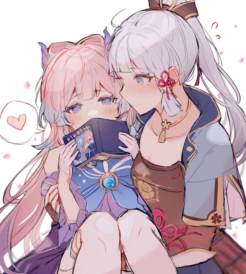 2girls, armor, armored_dress, ayaka_(genshin_impact), bare_shoulders, black_gloves, blue_dress, blue_eyes, blue_hair, blunt_bangs, blush, book, carrying, commentary, covering_own_mouth, dress, ear_blush, fingerless_gloves, genshin_impact, gloves, gradient_hair, hair_tubes, heart, high_ponytail, highres, holding, holding_book, kvlen, looking_at_another, mole, mole_under_eye, multicolored_hair, multiple_girls, pink_hair, ponytail, princess_carry, sangonomiya_kokomi, short_sleeves, shorts, sidelocks, speech_bubble, spoken_heart, untranslatable_commentary, vision_(genshin_impact), wavy_mouth, white_hair, white_shorts, yuri