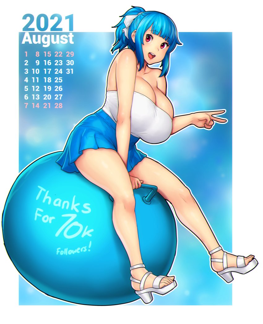 1girl, absurdres, bare_shoulders, blue_hair, blue_skirt, blunt_bangs, breasts, calendar_(medium)