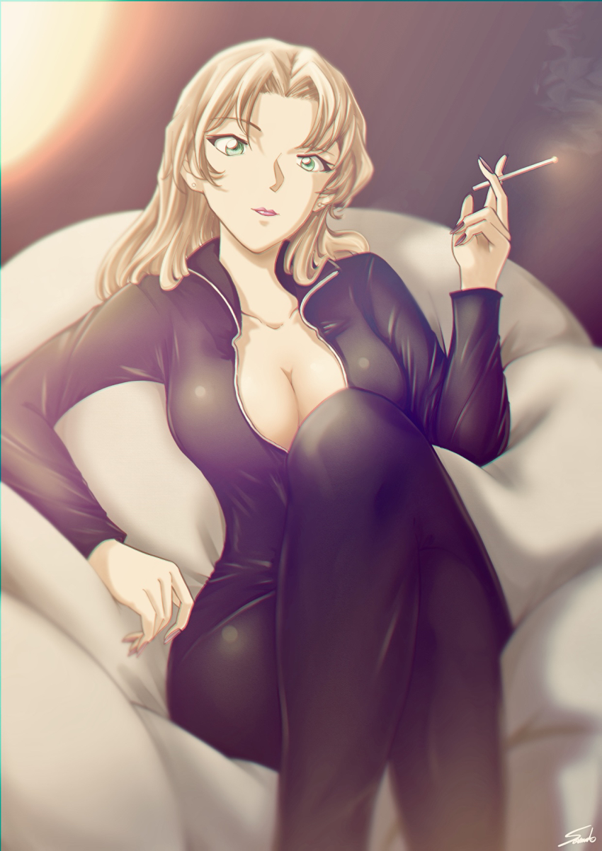 1girl, black_bodysuit, black_nails, blonde_hair, bodysuit, breasts, cigarette, cleavage, closed_mouth, collarbone, crossed_legs, green_eyes, hair_intakes, highres, holding, holding_cigarette, large_breasts, lipstick, long_hair, looking_at_viewer, makeup, meitantei_conan, nail_polish, partially_unzipped, signature, sitting, smoke, smoking, solo, sooma4869, vermouth_(meitantei_conan)