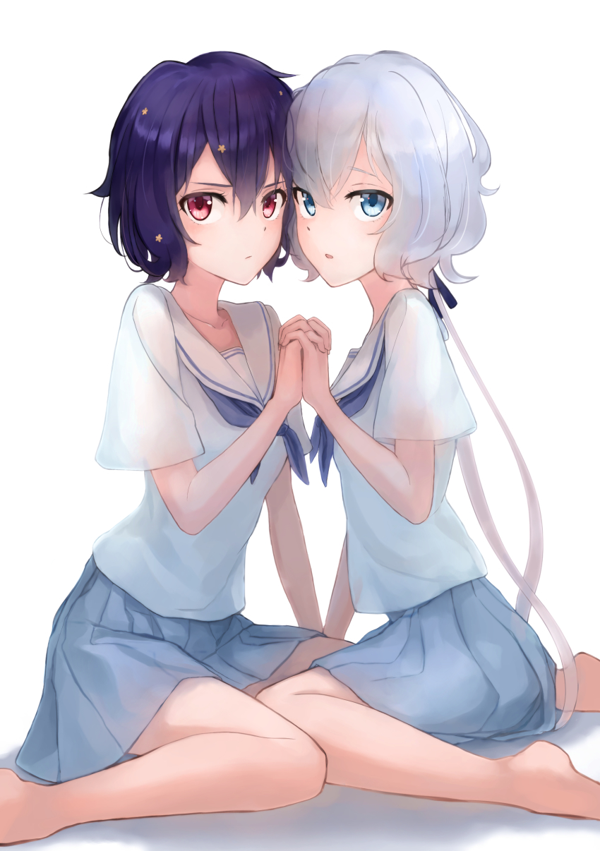 2girls, absurdres, barefoot, black_hair, blue_eyes, blue_neckwear, blue_ribbon, blue_skirt
