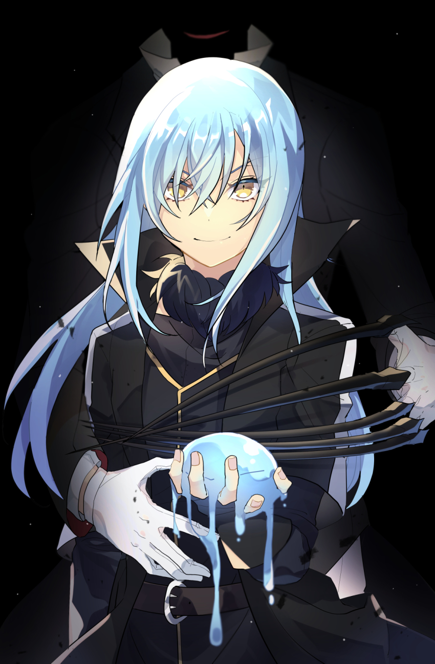 1boy, 1other, androgynous, belt, belt_buckle, black_belt, black_coat, blue_hair, buckle, closed_mouth, coat, diablo_(tensura), gloves, grin, hair_between_eyes, highres, holding, long_hair, looking_at_viewer, ou_negi, rimuru_tempest, smile, straight_hair, tensei_shitara_slime_datta_ken, very_long_hair, white_gloves, yellow_eyes