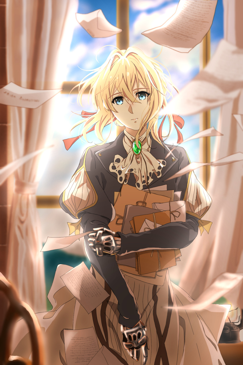 1girl, blonde_hair, blue_eyes, blue_jacket, blurry, blurry_background, closed_mouth, curtains
