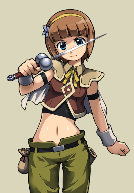 00s, 1girl, bad_id, bad_pixiv_id, blue_eyes, female_focus, headband, midriff, penelope_(seiken_no_blacksmith), rohitsuka, seiken_no_blacksmith, short_hair, solo, sword, weapon