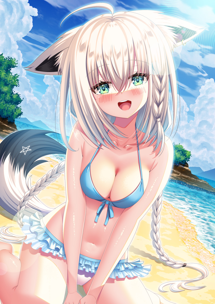 1girl, ahoge, animal_ear_fluff, animal_ears, arms_between_legs, beach, bikini, bikini_skirt, blue_bikini, blush, braid, breasts, buntarou, cleavage, cloud, cloudy_sky, collarbone, commentary_request, day, dutch_angle, ears_down, fox_ears, fox_girl, fox_tail, green_eyes, hair_between_eyes, highres, hololive, long_hair, looking_at_viewer, md5_mismatch, medium_breasts, navel, ocean, open_mouth, outdoors, pentagram, resolution_mismatch, shirakami_fubuki, shirakami_fubuki_(hololive_summer_2019), sidelocks, single_braid, sitting, sky, solo, source_smaller, swimsuit, tail, twin_braids, virtual_youtuber, wariza, white_hair