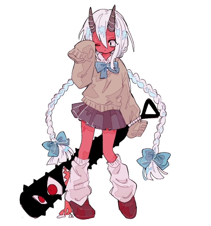 1girl, bad_id, bad_pixiv_id, beige_sweater, blue_bow, blue_bowtie, bow, bowtie, braid, brown_shoes, brown_skirt, club_(weapon), full_body, funamusea, holding, holding_club, holding_weapon, horns, kiku_(mogeko), loafers, long_sleeves, loose_socks, mace, okotatsu_(akio), one_eye_closed, oni, pleated_skirt, red_oni, rubbing_eyes, shirt, shoes, simple_background, skirt, sleeves_past_fingers, sleeves_past_wrists, socks, solo, twin_braids, weapon, white_background, white_hair, white_legwear, white_shirt