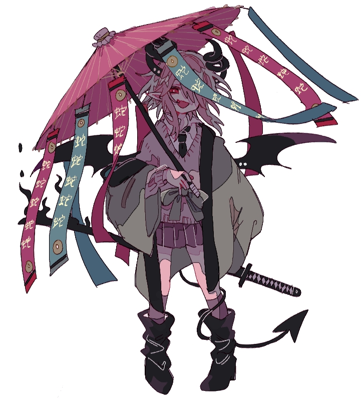1girl, :d, bad_id, bad_pixiv_id, beige_sweater, black_boots, black_horns, black_wings, boots, curled_horns, demon_horns, demon_tail, demon_wings, funamusea, green_jacket, hanten_(funamusea), haori, holding, holding_umbrella, horns, jacket, japanese_clothes, katana, medium_hair, necktie, oil-paper_umbrella, okotatsu_(akio), one_eye_covered, open_mouth, pink_hair, pink_skirt, pleated_skirt, pointy_ears, sidelocks, simple_background, skirt, smile, solo, sutare_yume, sword, tail, umbrella, weapon, white_background, wings
