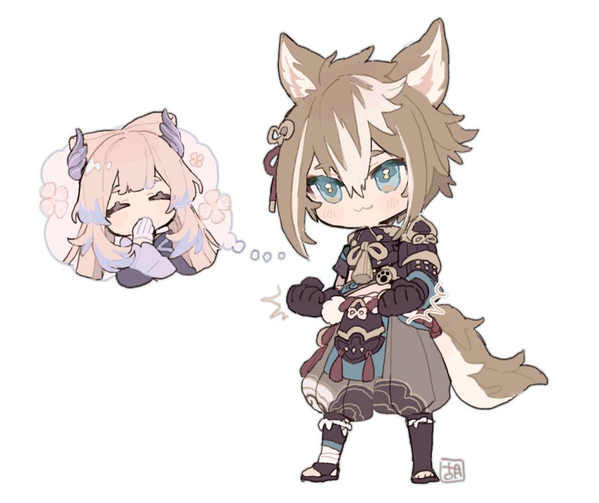 1boy, 1girl, :3, ^_^, animal_ears, aqua_eyes, armor, black_gloves