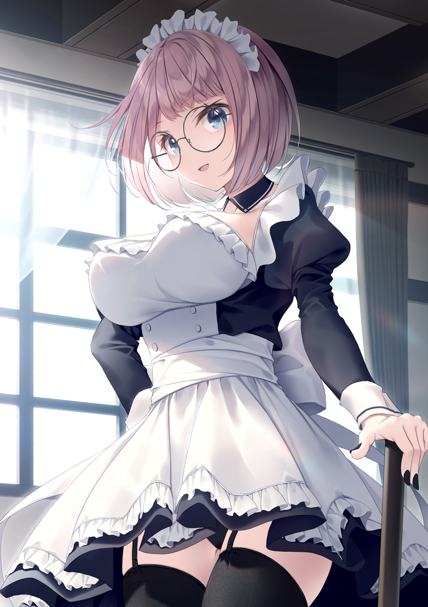 1girl, :d, apron, black-framed_eyewear, black_collar, black_dress, black_nails, black_thighhighs