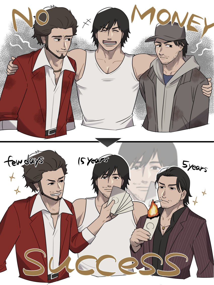 3boys, absurdres, afro, akiyama_shun, black_hair, black_shirt, brown_hair, brown_jacket, dirty, dirty_clothes, enokido, eyebrows, facial_hair, grin, highres, hood, hoodie, jacket, kasuga_ichiban, lighting_cigarette, male_focus, manly, money, multiple_boys, progression, red_jacket, ryuu_ga_gotoku_(series), ryuu_ga_gotoku_4, ryuu_ga_gotoku_5, ryuu_ga_gotoku_7, ryuu_ga_gotoku_online, sega, shinada_tatsuo, shirt, short_hair, sideburns, sleeves_rolled_up, smell, smile, smug, sparkle, tank_top, trait_connection, transformation, white_shirt
