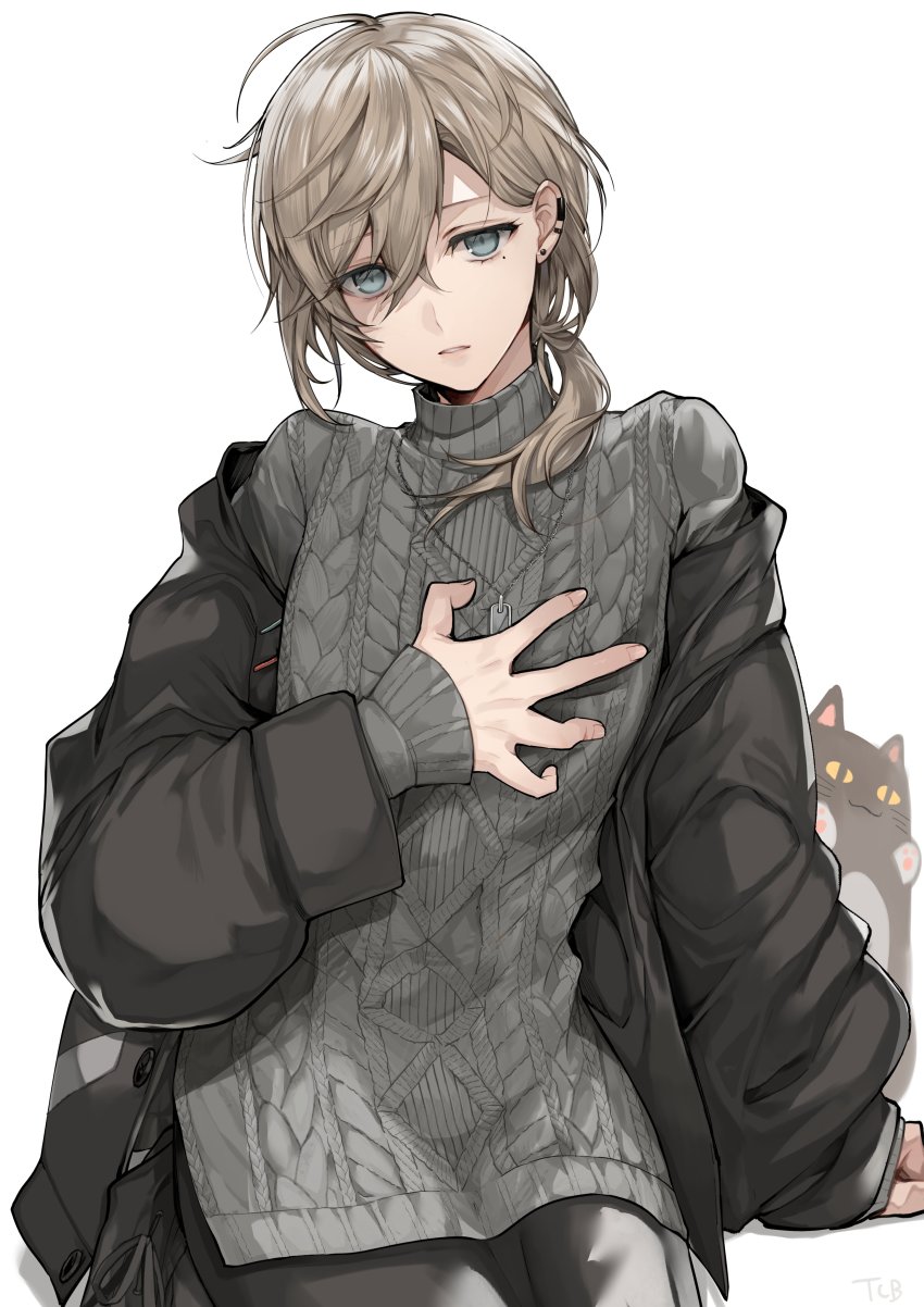 1boy, absurdres, black_jacket, black_pants, blue_eyes, brown_hair, dog_tags, ear_piercing, grey_sweater, hand_on_own_chest, highres, jacket, kanae_(8th_costume)_(nijisanji), kanae_(nijisanji), looking_at_viewer, low_ponytail, male_focus, nijisanji, pants, piercing, ponytail, roto_(kanae), short_ponytail, sitting, solo, stuffed_animal, stuffed_cat, stuffed_toy, sweater, tcb, turtleneck, turtleneck_sweater, virtual_youtuber