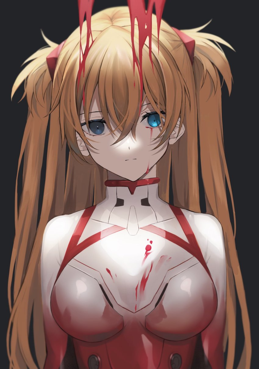 1girl, ambiguous_red_liquid, blue_eyes, blurry, bodysuit, breasts, closed_mouth, commentary