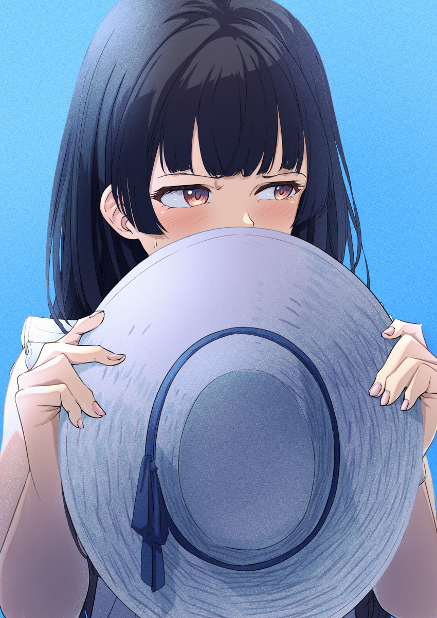 absurdres, black_hair, blue_background, blue_hat, blue_ribbon, blue_theme, blush, commentary