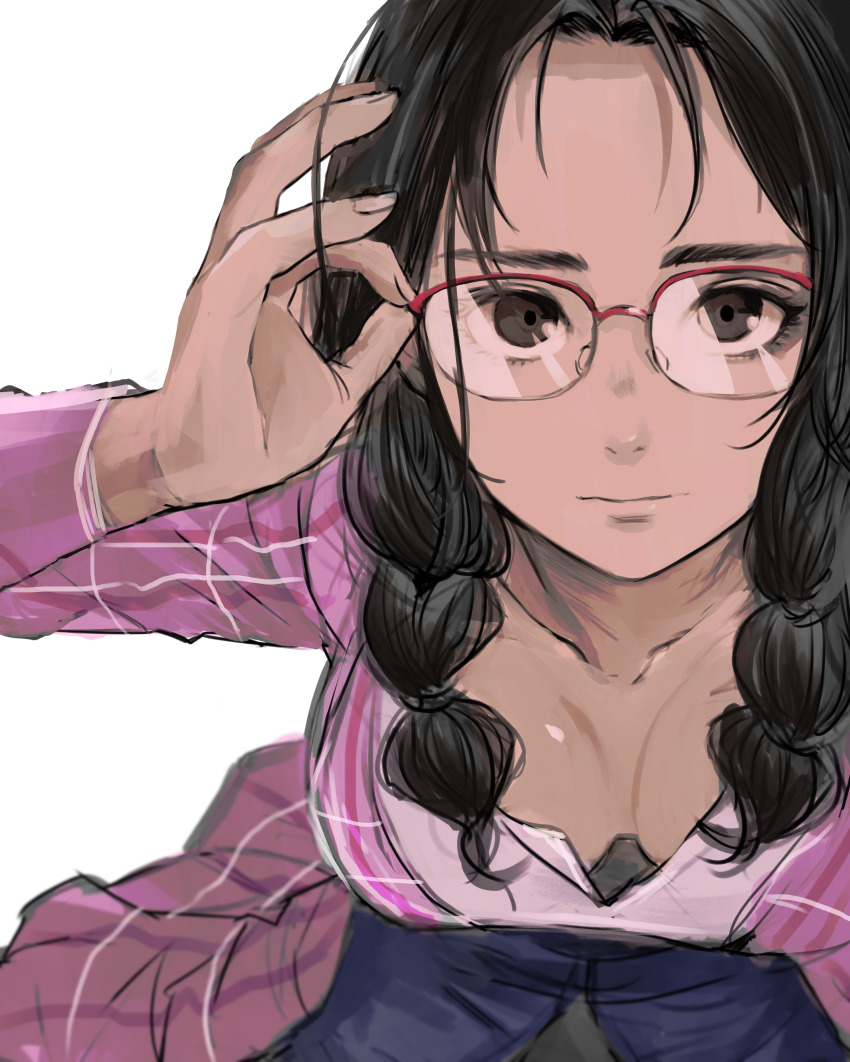 1girl, 6maker, absurdres, adjusting_eyewear, bad_id, bad_pixiv_id, black_hair, braid, breasts, cleavage, downblouse, glasses, highres, hood, hood_down, hoodie, julia_chang, looking_at_viewer, medium_breasts, medium_hair, namco, open_clothes, open_hoodie, over-rim_eyewear, pink_hoodie, plaid_clothes, plaid_hoodie, red-framed_eyewear, semi-rimless_eyewear, solo, tekken, tekken_7, twin_braids