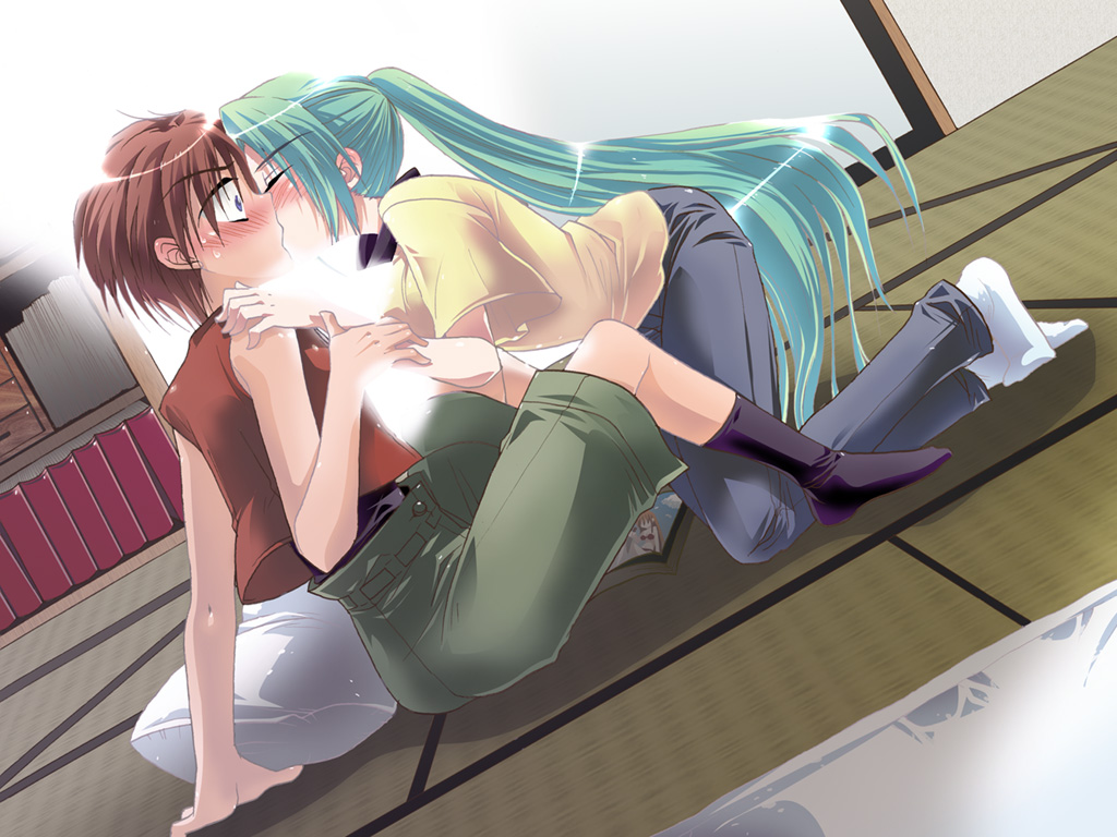 00s, 1boy, 1girl, assertive_female, backlighting, blush, breasts, brown_hair, casual, closed_eyes, denim, dutch_angle, fujitaka_(akasora), fujitaka_akasora, green_hair, hand_on_another's_shoulder, hetero, higurashi_no_naku_koro_ni, jeans, kiss, kneeling, large_breasts, long_hair, maebara_keiichi, pants, ponytail, short_hair, shorts, sideboob, sitting, socks, sonozaki_mion, spoilers, surprised, tatami, very_long_hair