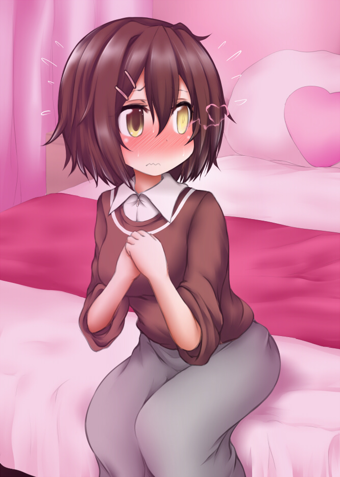 1girl, bed, bedroom, brown_eyes, brown_hair, brown_sweater, commentary_request, cowboy_shot