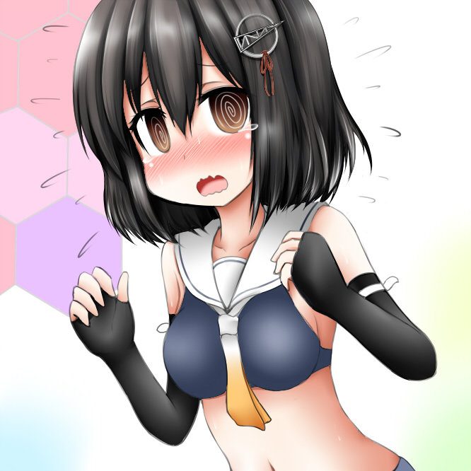 1girl, black_hair, blush, brown_eyes, cosplay, crop_top, flying_sweatdrops, gradient_neckerchief