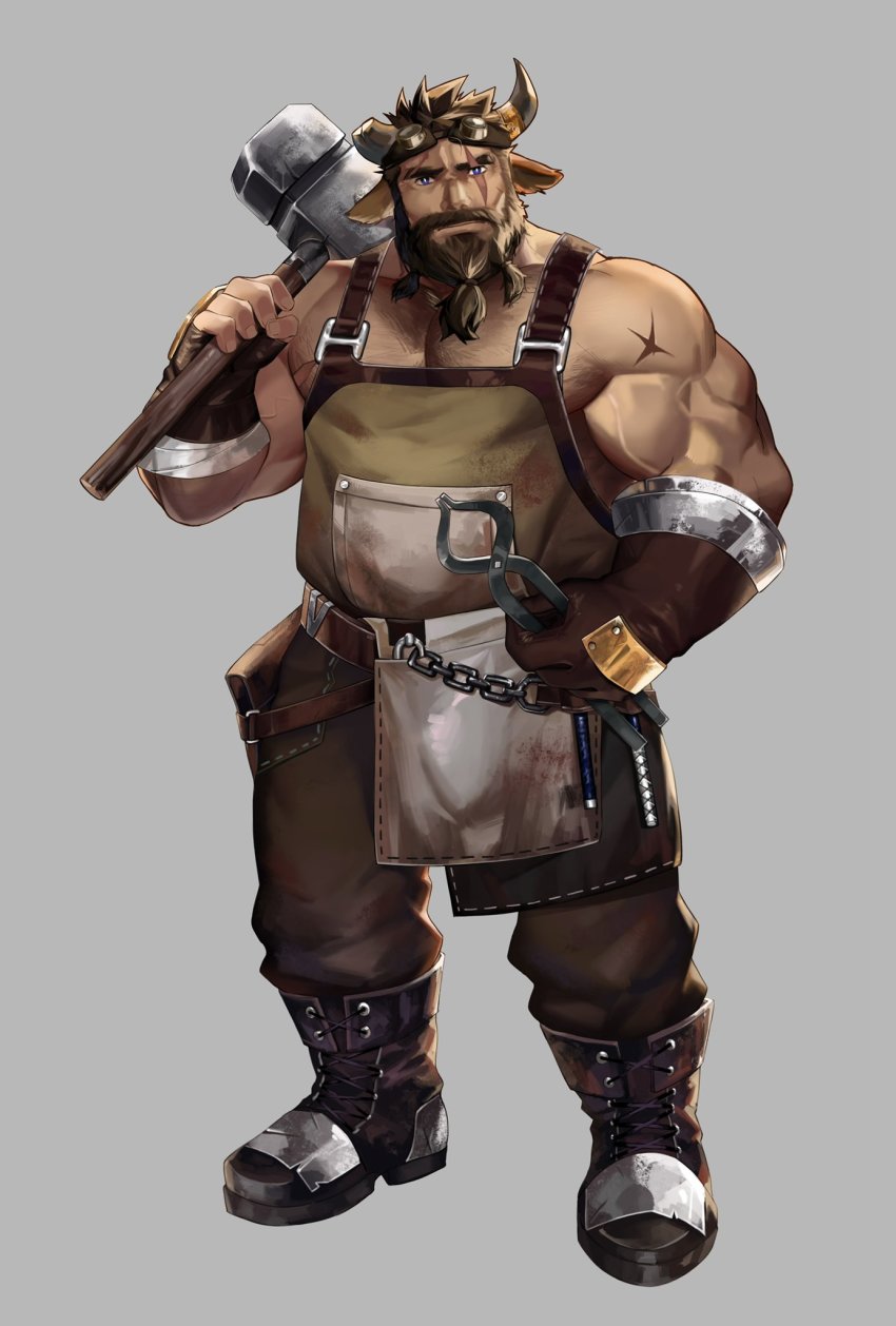 1boy, animal_ears, bara, bare_pectorals, bare_shoulders, beard, blacksmith, broken_horn