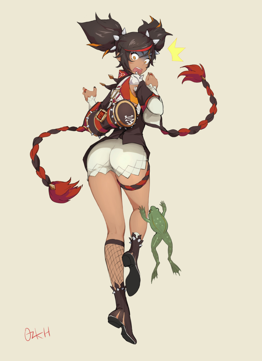 1girl, ^^^, ass, black_boots, black_hair, black_shirt, blouse, boots, chinese_clothes, dark-skinned_female, dark_skin, fishnet_socks, fishnets, frog, from_behind, genshin_impact, grey_background, layered_sleeves, long_sleeves, looking_back, looking_down, multicolored_hair, open_mouth, ozkh, red_hair, scared, shiny_skin, shirt, short_hair, short_over_long_sleeves, short_shorts, short_sleeves, shorts, socks, solo, spiked_hair_ornament, surprised, thigh_strap, turn_pale, twintails, xinyan_(genshin_impact)