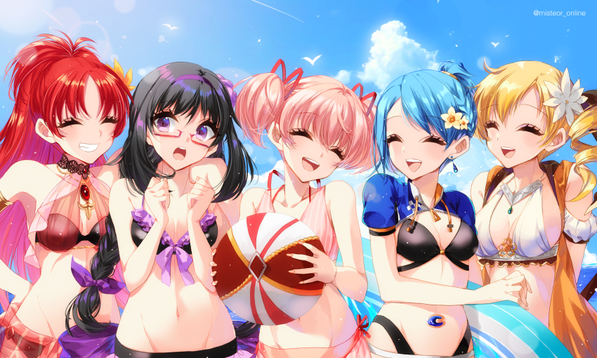 5girls, absurdres, akemi_homura, akemi_homura_(swimsuit_ver.), bikini, black_bikini, black_hair, blonde_hair