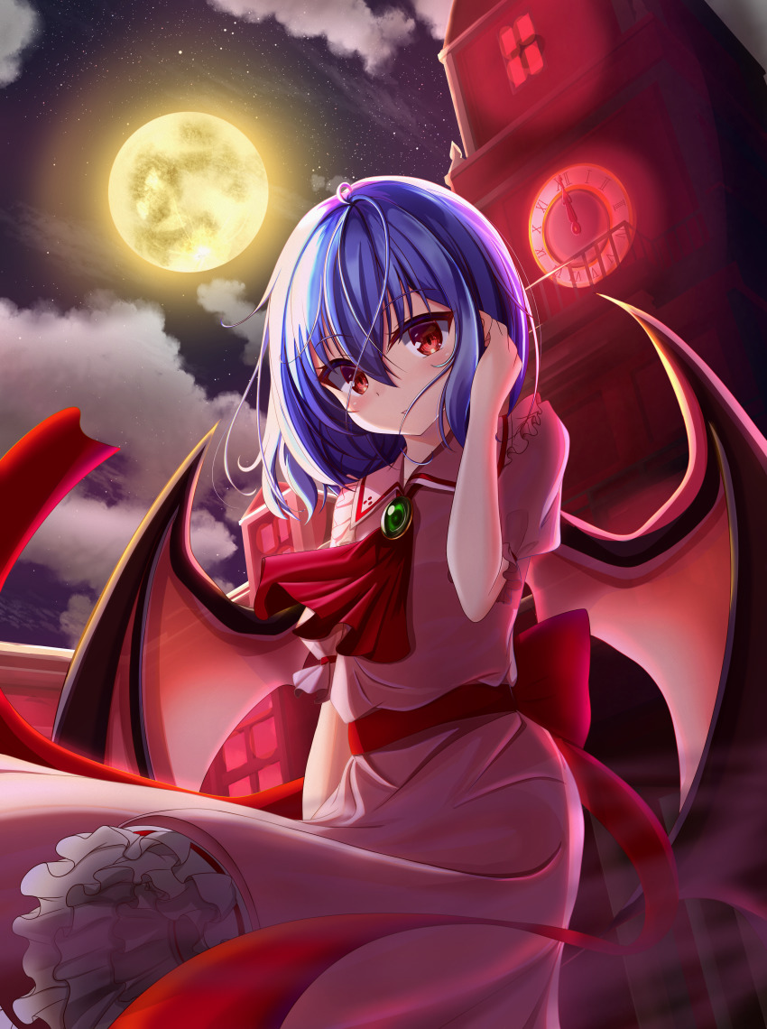 1girl, absurdres, apron, bat_wings, blush, brooch, clock, clock_tower, commentary_request, dress, frilled_dress, frilled_shirt_collar, frills, from_below, full_body, hair_behind_ear, hair_between_eyes, highres, huge_filesize, jewelry, looking_at_viewer, medium_hair, moon, night, missing_headwear, no_headwear, outdoors, parted_lips, pink_dress, puffy_short_sleeves, puffy_sleeves, red_eyes, red_neckwear, red_sash, remilia_scarlet, sash, scarlet_devil_mansion, short_sleeves, sky, solo, standing, star_(sky), starry_sky, syo03, touhou, tower, wind, wings, yellow_moon