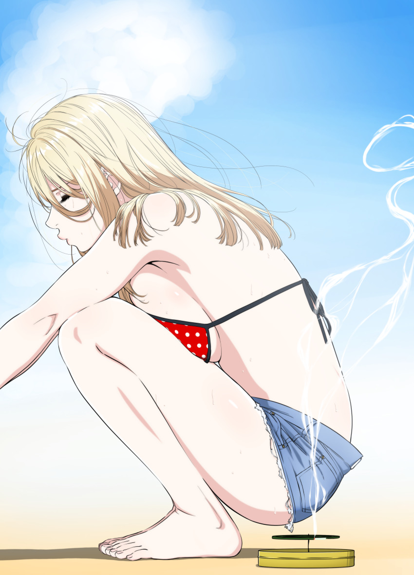 1girl, absurdres, avril_(kakitama), bikini, bikini_top_only, blonde_hair, blue_sky, breasts