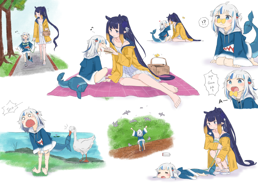 a_(phrase), aoi_(aoisaka), battery_indicator, bird, blue_eyes, blue_hair, blunt_bangs, dress, english_text, feeding, fins, fish_tail, gawr_gura, gawr_gura_(1st_costume), goose, hair_ornament, halo, harness, highres, hololive, hololive_english, hood, hoodie, leash, long_hair, multicolored_hair, multiple_girls, ninomae_ina'nis, open_mouth, orange_hair, path, picnic_basket, pointy_ears, ponytail, purple_hair, road, shark_tail, sharp_teeth, smile, streaked_hair, tail, tail_wagging, teeth, tentacle_hair, tree, very_long_hair, violet_(ninomae_ina'nis), virtual_youtuber, white_hair