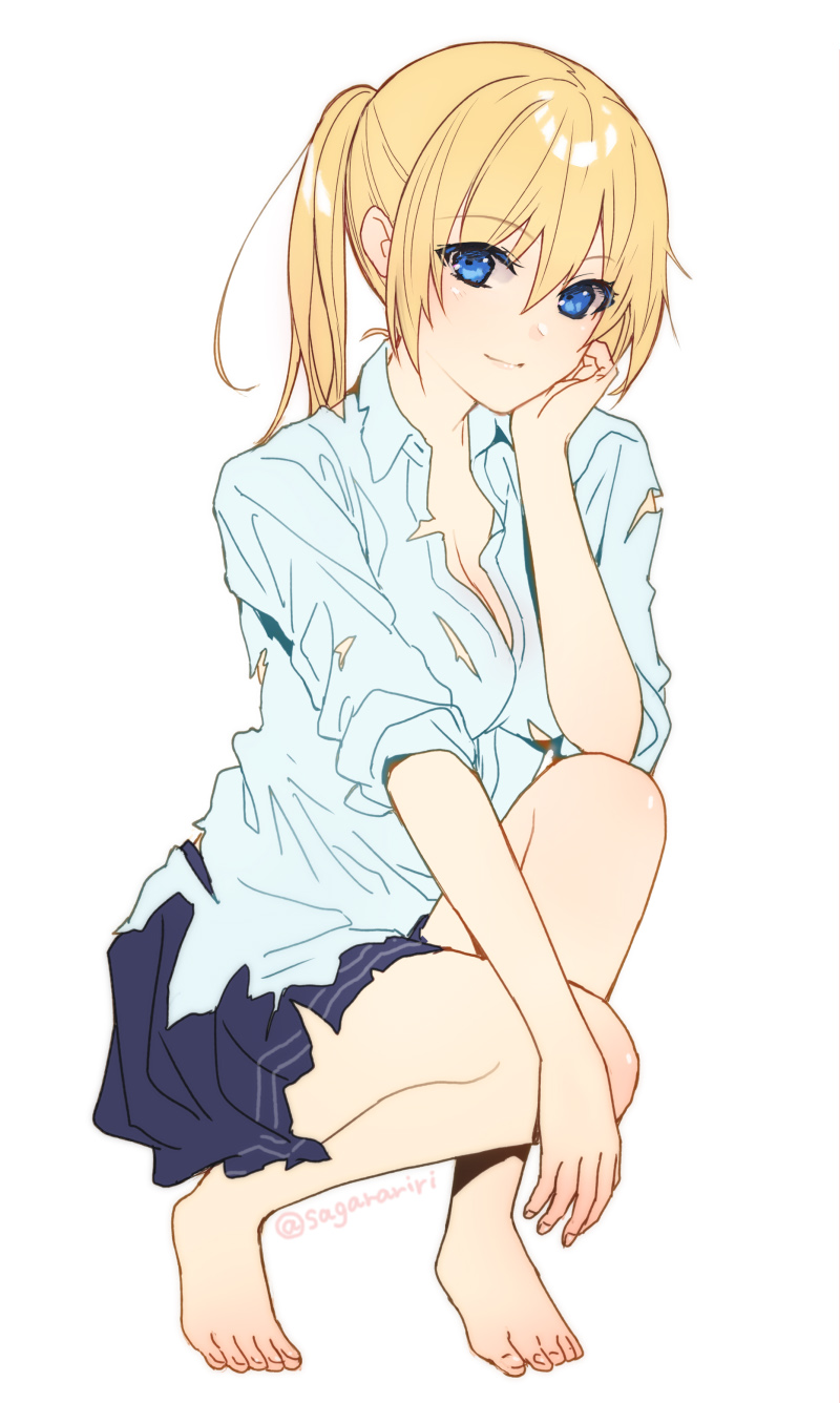 1girl, barefoot, blonde_hair, blue_eyes, blue_skirt, breasts, cleavage, closed_mouth