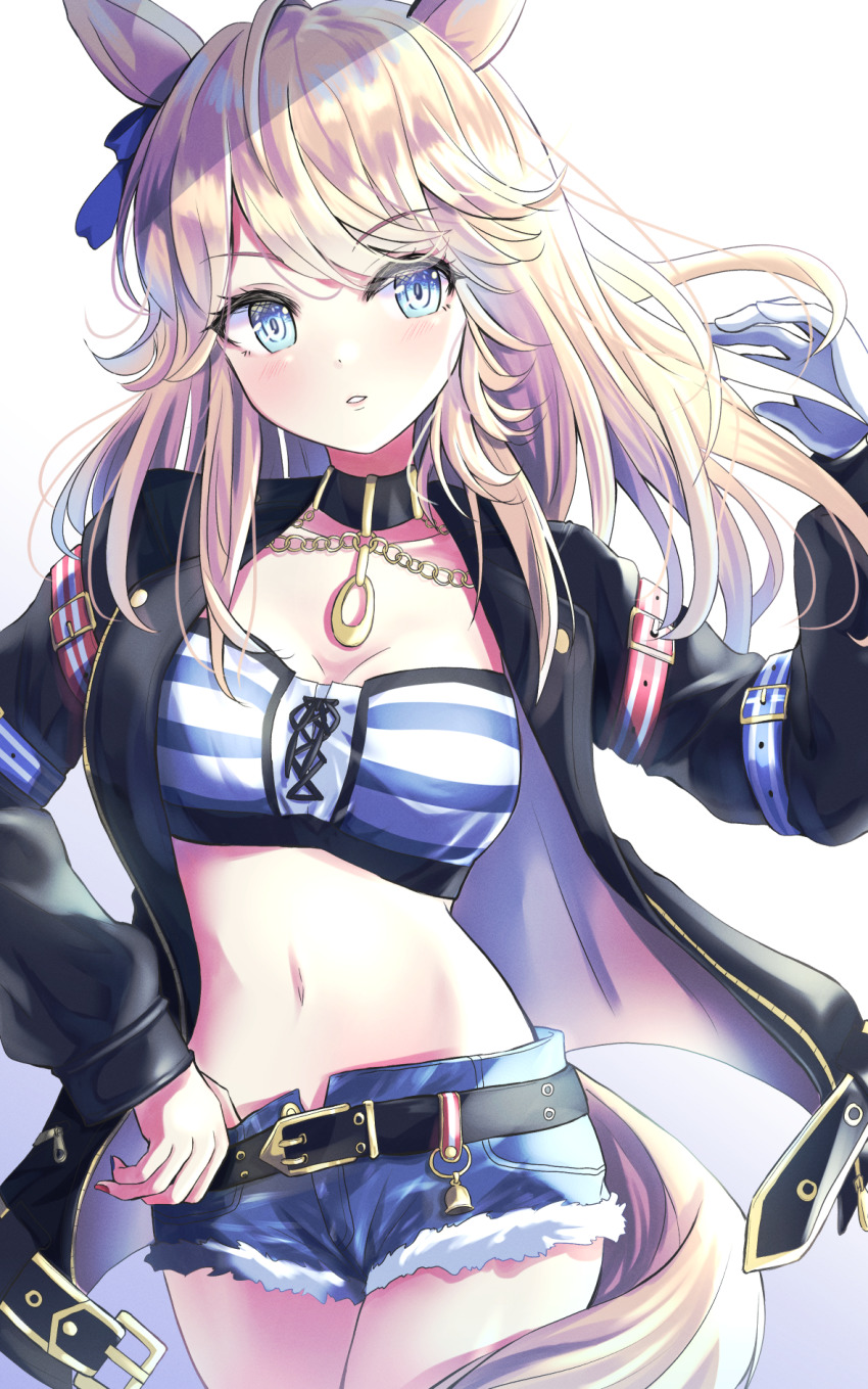 1girl, animal_ears, bandeau, belt, black_jacket, blonde_hair, blue_eyes, bow