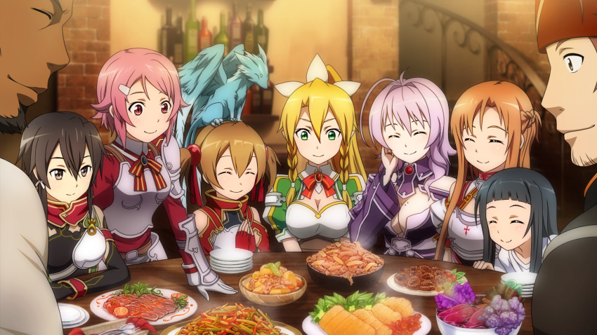 2boys, 6+girls, agil, armor, asuna_(sao), black_eyes, black_hair, blonde_hair