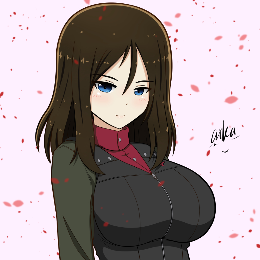 1girl, absurdres, aikazilla, artist_name, black_hair, black_vest, blue_eyes, breasts, closed_mouth, commentary, girls_und_panzer, green_jacket, highres, insignia, jacket, large_breasts, long_hair, looking_at_viewer, military, military_uniform, nonna_(girls_und_panzer), petals, pink_background, pravda_military_uniform, red_shirt, shirt, signature, smile, solo, swept_bangs, turtleneck, upper_body, vest, zipper