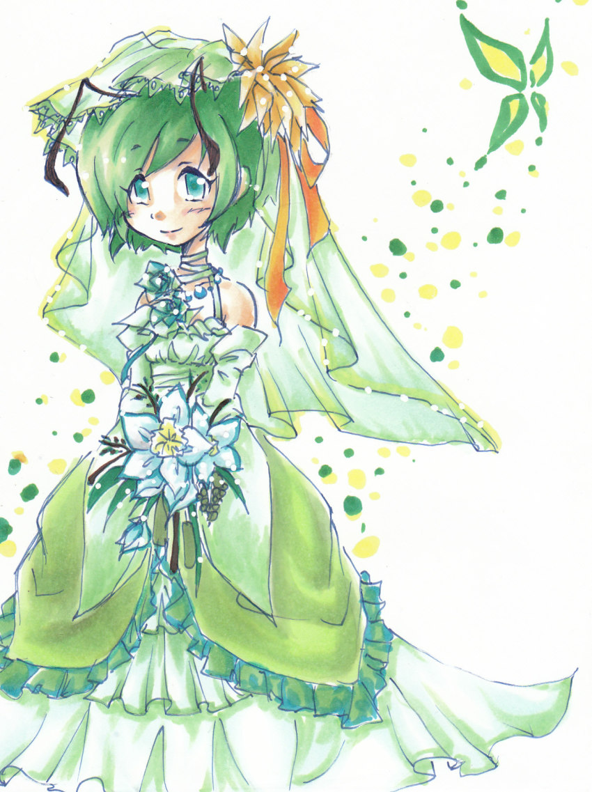 1girl, antennae, aqua_eyes, bad_id, bad_pixiv_id, bouquet, bride, dress